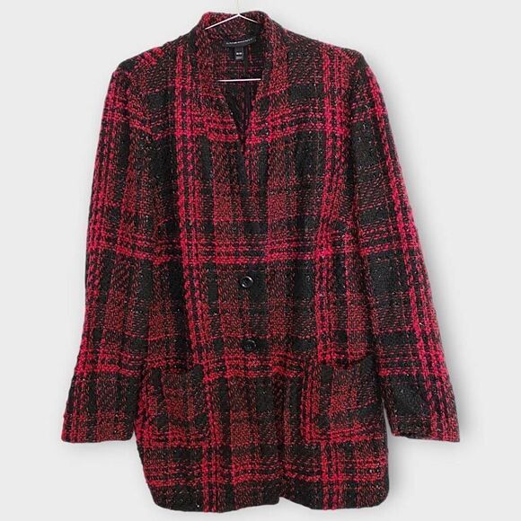 Lane Bryant Tweed Coat Sz 18/20 Black Red Plaid Shimmer Jacket - Picture 1 of 13